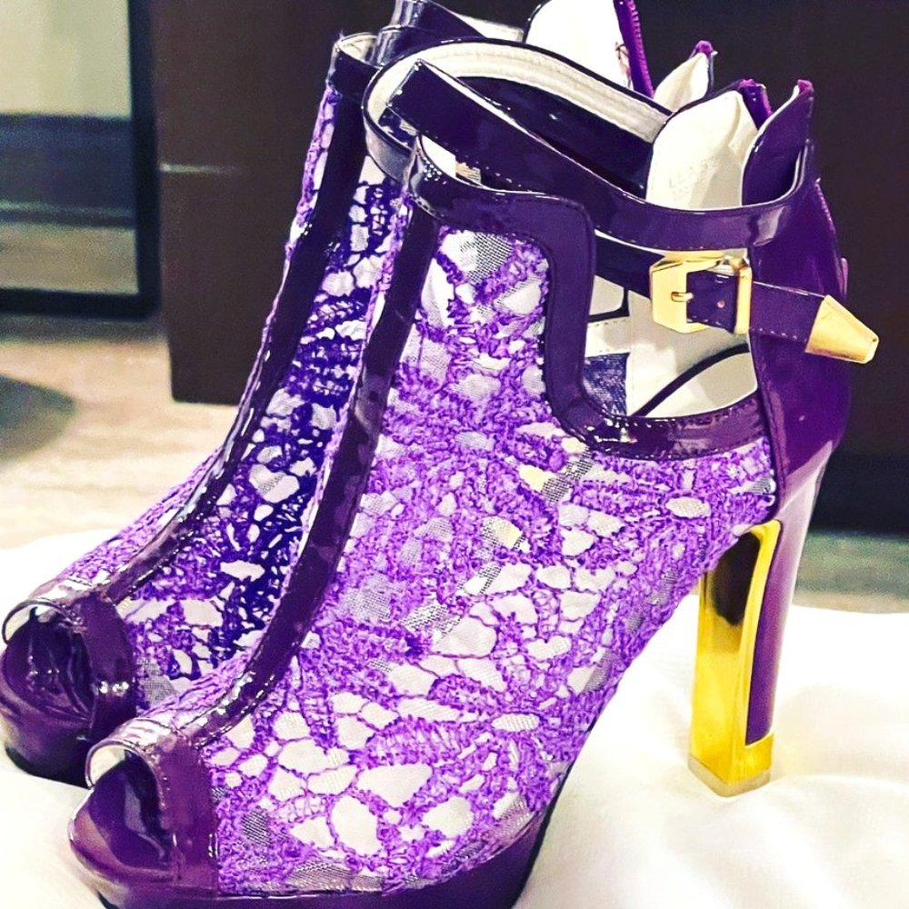 Women's Pretty Lace Flowers Open Toes High Heels Ankle Boots (PURPLE)